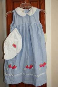 Little Bitty Girls NUEVO CON ETIQUETAS 6x Azul/Blanco Rayas Seersucker Fresa Vestido Y Sombrero - Imagen 1 de 3