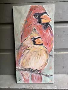 Rote Kardinäle Gemälde, männliche weibliche Vögel Baum Natur, Original Öl von Gretchen - Bild 1 von 4