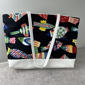 Vintage Fish Print Beach Bag Tote Duffle Full Zip Multicolor White Handles - Picture 1 of 7
