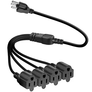 4 Outlet Power Cord Splitter NEMA 5-15P to 5-15R 16AWG 1 to 4 Way 20IN Black - Picture 1 of 10