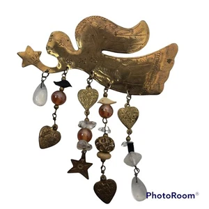 VINTAGE ANGEL BRASS BROOCH PIN WITH DANGLING GEMSTONES HANDMADE - Picture 1 of 7