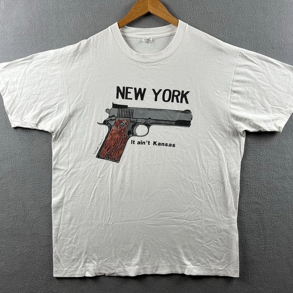 Camisa De Colección New York It Aint Kansas Para Hombres XL Blanca Puntada Única Años 90 Pistola Foto 1 de 4
