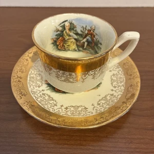 Vintage Sabin Crest-O-Gold Teetasse & Untertasse Set umwerbendes Paar 22K Gold Details - Bild 1 von 12