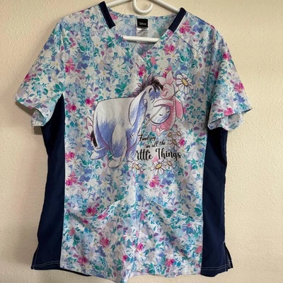 Disney Tooniforms Scrubs Top Womens XL Eeyore & Piglet Print Floral Short Sleeve - Image 1 of 4