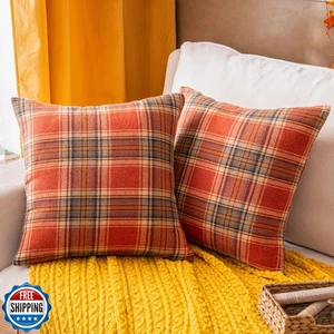 AQOTHES Fall Plaid Orange Throw Pillow Covers 18x18 Inch, Set of 2 Autumn Dec - Picture 1 of 5