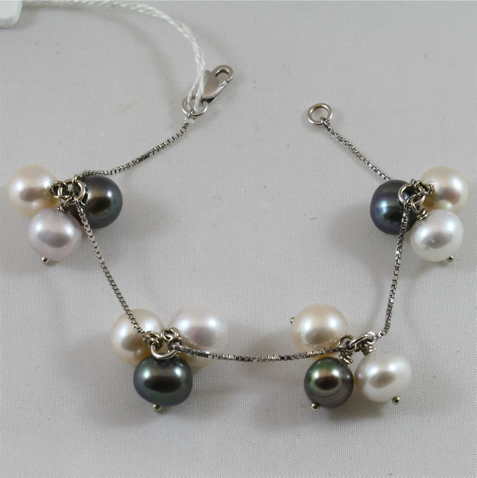 PULSERA ORO BLANCO 18K CON PERLAS NEGRAS, BLANCAS, ROSA Y MORADAS, HECHA EN ITALIA Foto 1 de 1