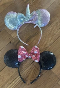 Lot 2 DISNEY Minnie Mouse Ears Headband Pastel Unicorn & Pink Bow - Picture 1 of 8