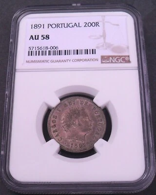 1891 Portugal 200 R , NGC AU 58 , nice silver coin       # 1676 ,#51 - Image 1 of 4