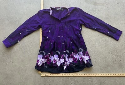 Vintage Citicraze Purple Button Front Tie Back Long-Sleeve Floral Top Size M - Image 1 of 4