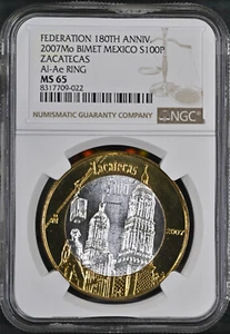2007 Mo 100 Peso Bi-Metallic Mexico Zacatecas Al-Ae Ring Silver NGC MS65 Low Pop - Picture 1 of 3