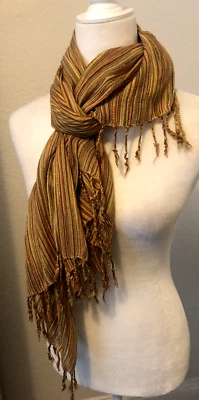 Gold Brown Green Textured Stripe SCARF 24X60" KNOTTED FRINGE Shawl Silky - Image 1 of 4