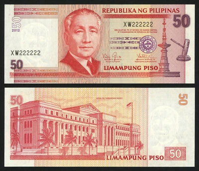 2012 NEW DESIGN 50 Pesos PNoy Aquino SOLID NO. XW222222 Philippine Banknote - Image 1 of 4