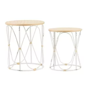 Set of 2 Bamboo Weave/Iron Side Tables Distressed White - Picture 1 of 5
