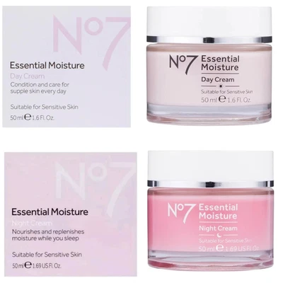 BOOTS NO. 7 No7 Bundle of 2 ❤️ Essential Moisture Day & Night Cream 2 x 50ml ❤️ Boxed