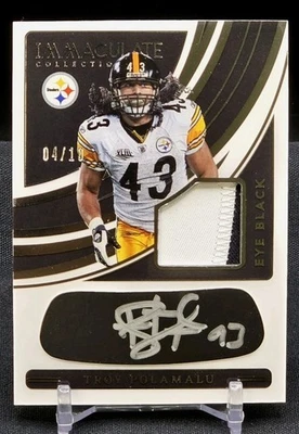 TROY POLAMALU Auto 2020 Panini Immaculate EYE BLACK JERSEY AUTO SN# 4/10 EBJ-TPO - Image 1 of 4