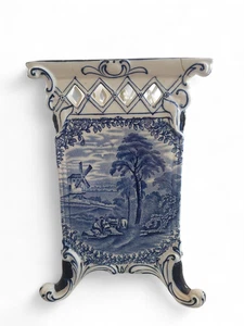 Rare J. Kent Fenton Triangular Blue & White Reticulated Vase – Pastoral Scene. - Picture 1 of 17