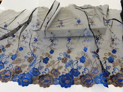 Royal Blue & Brown Embroidered Tulle Lace Trim /Sewing/Bridal/Crafts/10" Wide  - Image 1 of 4