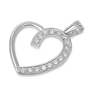 Classic Studded Heart Love Clear Simulated CZ Pendant .925 Sterling Silver Charm - Picture 1 of 2