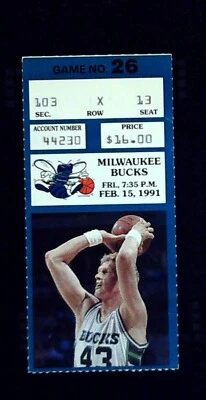 Charlotte Hornets Milwaukee Bucks NBA Ticket Stub Jack Sikma Pic Photo 2/15/91 - Image 1 of 2