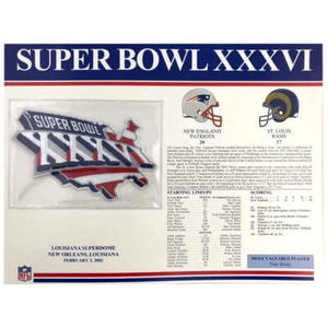 2002 NFL Super Bowl XXXVI Logo Willabee & Ward Patch (St. Louis Rams vs. New Eng - Picture 1 of 1
