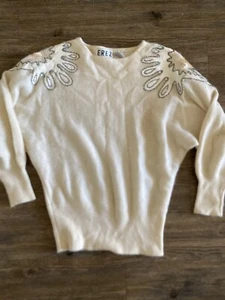 Vintage Erez Sweater Beaded Jeweled Leather Patches Size Medium Lambs Wool - Picture 1 of 7