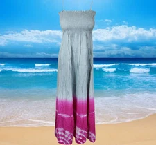 Boho Summer Sundress, Blue Pink Bohemian Maxi Beach Loose Fit Womens Dres S/M
