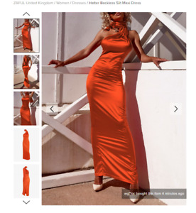 ZAFUL Womens Halter Backless Slit Maxi Dress - Orange Size S