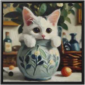 Munchkin Kitten Canvas Art Dining Room Home Decor Playful Cat Floral Wall Gift