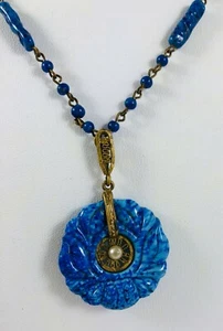 Antique Czechoslovakia Art Glass Blue&Gold Filled Chain Necklace &Floral Pendant - Picture 1 of 4