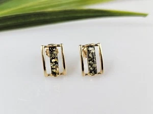 Gold earrings rectangular stud earrings green real amber earrings new - Picture 1 of 6