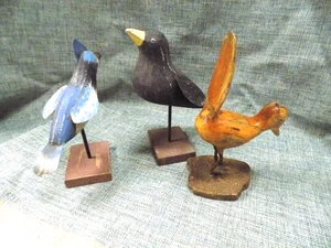 3 VTG Hand Carved Wood Folk Art Birds on Stands ROADRUNNER CROW BLUE JAY - Picture 1 of 7