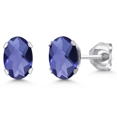 Aretes ovalados de latón enchapados en plata de iolita azul con forma de tablero de ajedrez de 1,30 quilates Foto 1 de 4