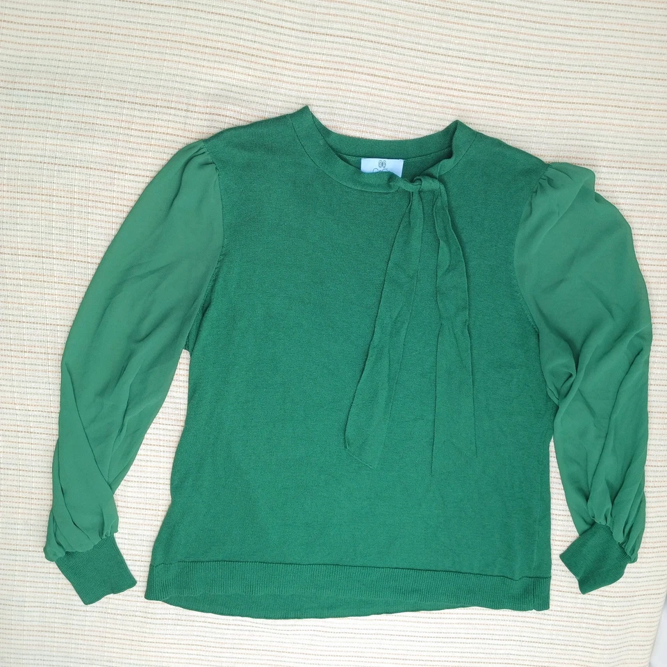 CeCe 毛衣上衣女式小号蝴蝶结混合媒体透明长袖学院风 — 第 1/1 张图片