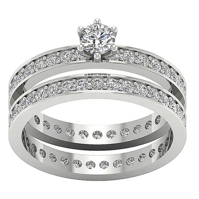Round Lab Grown Diamond VS F 0.90 Ct Bridal Engagement Ring Set 14K White Gold - Image 1 of 4