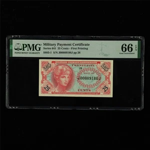 Military Payment Certificate 25 Cents  - First Printing PMG 66 EPQ Gem UNC - Picture 1 of 4