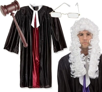 WHATCHUSEEK2010 Men High Court Judge Costume Lord Baroque Wig Gown Gavel Glasses Fancy Dress Set