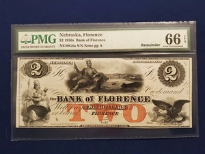 $2 1850's Nebraska, Bank Of Florence Remainder PMG 66 Gem Uncirculated - Picture 1 of 4