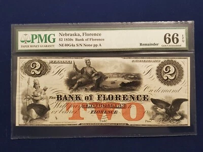 $2 1850's Nebraska, Bank Of Florence Remainder PMG 66 Gem Uncirculated - Image 1 of 4