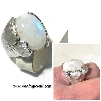 anello Da donna argento 925 Con Pietra Di Luna A Fascia Larga E Cuori - Immagine 1 di 4