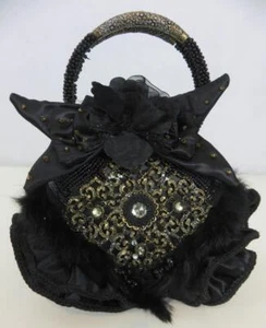 Mary Frances Black Beaded Evening Bag Fur Filigree Rhinestones Rose Handbag - Picture 1 of 8