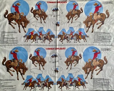 Vtg 10 PANELS Cranston Print Works Fabric Cowboy Applique Western Horse Bronco - Image 1 of 4
