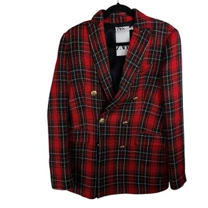 NUEVO CON ETIQUETAS Chaqueta Blazer Zara a Cuadros Doble Pecho Dorado Botón Mezcla Lana Roja Talla S - Imagen 1 de 9