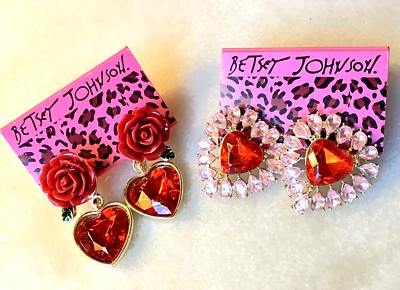 TWO PAIRS BETSEY JOHNSON NEW HEART/ROSE/VALENTINE RHINESTONE EARRINGS - Image 1 of 4