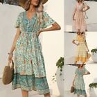 Summer Beach Dress Women's V Neck Short Sleeve Floral Print Maxi Dress