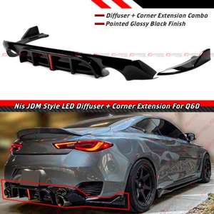 FOR 17-2022 INFINITI Q60 GLOSS BLACK LED REAR BUMPER DIFFUSER + CORNER EXTENSION - Picture 1 of 8