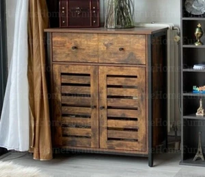 Industrial Side Cabinet Vintage Storage Sideboard 2 Doors Rustic Cupboard Drawer - Picture 1 of 7