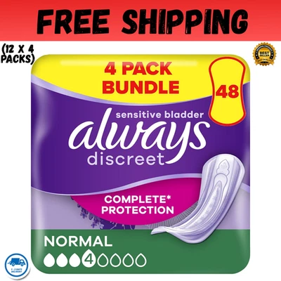 BRANDED 48 x Always Discreet Sensitive Bladder Incontinence Pads Normal (4 Packs of 12)