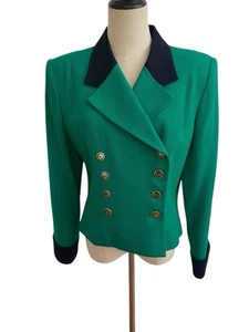Vtg Albert Nippon Green Blazer Gold Buttons Double Breasted Wool Cropped Sz 10 - Picture 1 of 10