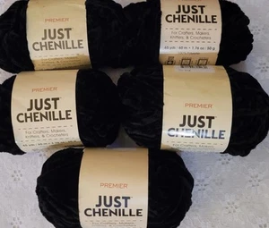 New Lot 5 Skeins Premier "Just Chenille"Chunky Yarn: Black + FREE Crochet Hook - Picture 1 of 3