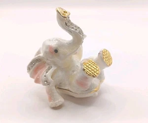 Bejeweled White Elephant Enameled Hinged Trinket Box. D2163 - Picture 1 of 11